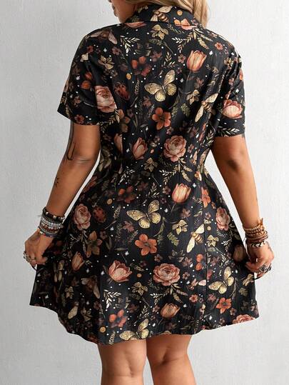 Whyspr Robe à manches courtes à col chemise, imprimé texturé, style vintage décontracté académique, mode punk sombre, coupe évasée, convient pour le port quotidien, le bureau, Thanksgiving, le Nouvel An, les vacances, les anniversaires, les festivals de m