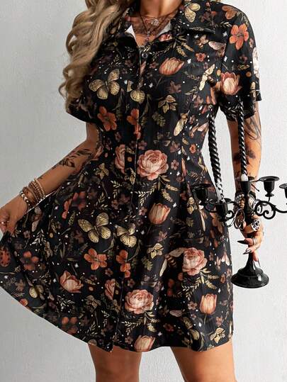 Whyspr Robe à manches courtes à col chemise, imprimé texturé, style vintage décontracté académique, mode punk sombre, coupe évasée, convient pour le port quotidien, le bureau, Thanksgiving, le Nouvel An, les vacances, les anniversaires, les festivals de m