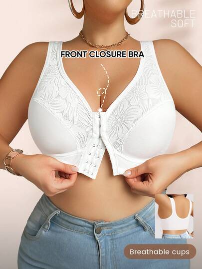 Soutien-gorge de grande taille pour femmes avec fermeture devant, sans armatures, en dentelle et patchwork, avec maintien et effet push-up