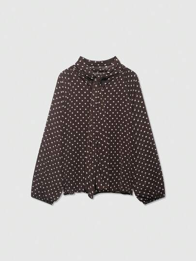 Chemise décontractée polyvalente à col avec nœud à pois pour femme, marron, pour le printemps