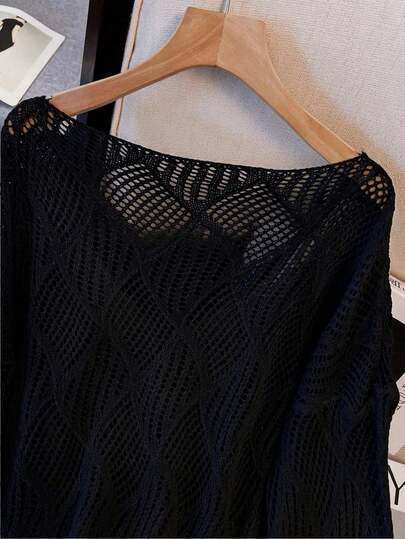 Couvre-maillot ample en maille pour femmes grande taille, col V, design ajouré à treillis de losanges, protection solaire, pour plage et vacances d'automne