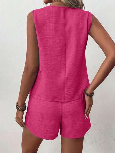 EMERY ROSE Ensemble 2 pièces pour femmes composé d'une chemise boutonnée texturée de couleur unie pour les vacances et d'un short décontracté