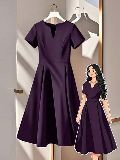 GlowEve Robe élégante à manches courtes avec encolure échancrée, couleur unie, grande taille