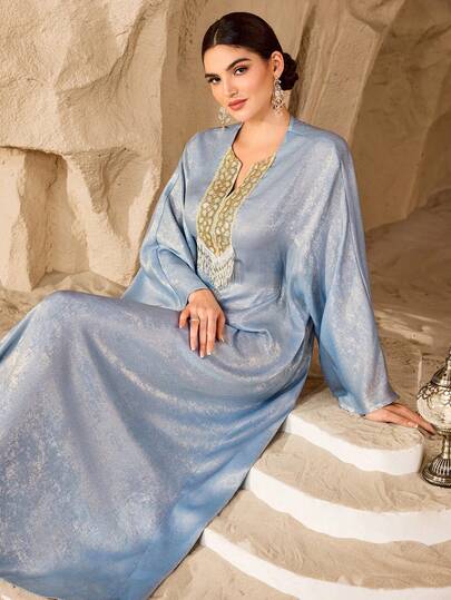 Al Najma Robe longue brillante pour femme, brodée et perlée, ample et affinante, élégante pour banquet