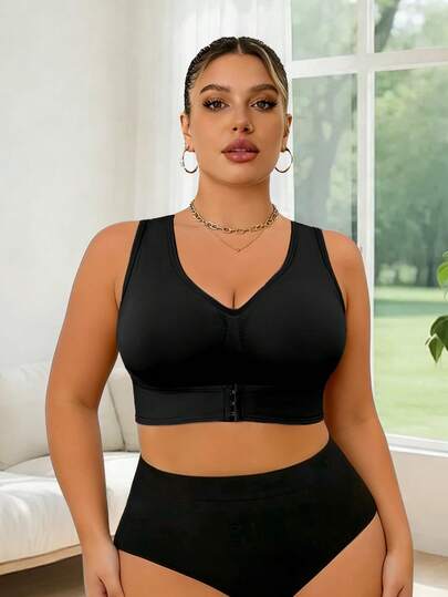 3 pièces Soutien-gorge grande taille à fermeture frontale, lissage des côtés, soulèvement et soutien, tissu respirant, coussinets amovibles, convient pour le port quotidien et les sports