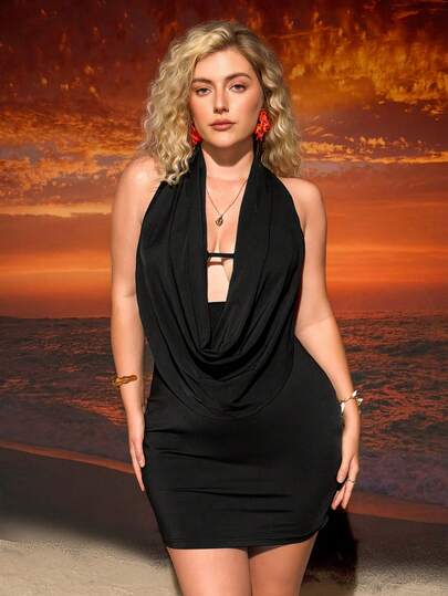 Enliva Robe de style country à col plongeant et licou pour femmes grande taille, couleur unie, pour silhouette en sablier, soirée rendez-vous, brunch, concert, noir, été