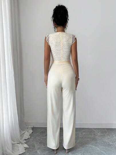 Elenzya Combinaison femme en dentelle et patchwork avec ceinture, tenue d'été élégante et décontractée pour femme, idéale pour un mariage de printemps, de couleur jaune