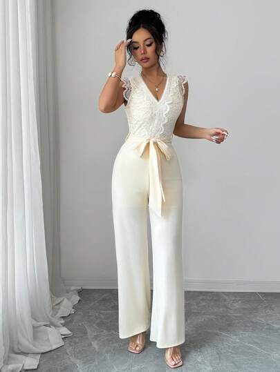 Elenzya Combinaison femme en dentelle et patchwork avec ceinture, tenue d'été élégante et décontractée pour femme, idéale pour un mariage de printemps, de couleur jaune