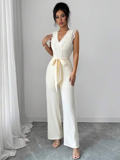 Elenzya Combinaison femme en dentelle et patchwork avec ceinture, tenue d'été élégante et décontractée pour femme, idéale pour un mariage de printemps, de couleur jaune