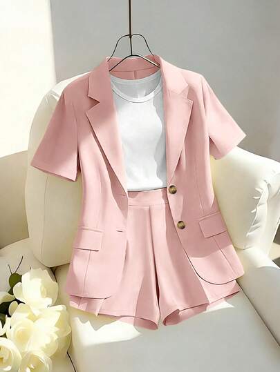 Franclia Tenue décontractée élégante pour le travail, comprenant une veste style blazer jaune à manches courtes et un ensemble short/pantalon large. Femmes printemps/été
