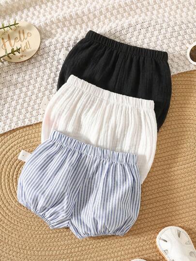 3 pièces/set Short décontracté d'été pour bébé garçon/fille, leggings, sous-vêtements, avec taille élastique, rayures et unicolore