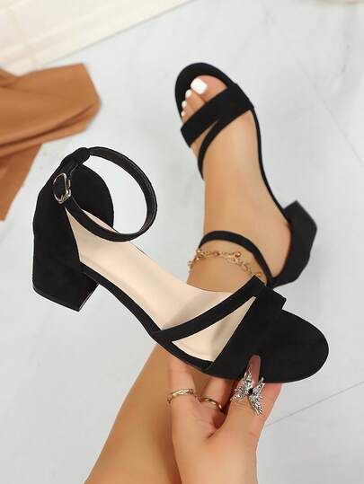 1 paire de sandales à talon épais élégantes et minimalistes de couleur unie avec bout rond pour femmes, nouveau style printemps/été, bout ouvert avec bride de cheville et boucle , sandales à talons hauts confortables et formelles, taille un demi-point tro