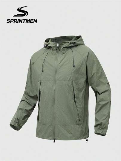 1 pièce Veste de sport légère à capuche verte pour hommes, ourlet ajustable avec cordon de serrage, polyvalente et confortable pour le plein air, la course, le cyclisme, la randonnée, la pêche et les tenues décontractées