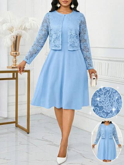 Ensemble 2 pièces de top en dentelle bleu clair élégant et robe sans manches pour femmes grandes tailles, vêtements d'été pour invitée de mariage, anniversaire, événement, bureau, église, festival