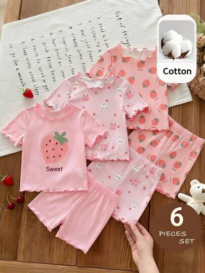 LMoss Kids 6 pièces Ensemble de pyjama d'été pour bébé fille, motif fraise mignon avec volants, col rond, manches courtes, short en tricot doux et respirant