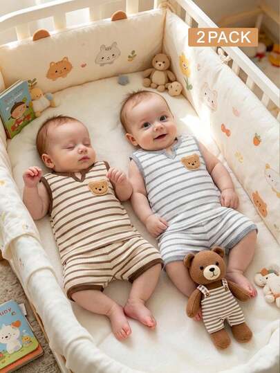 4 pièces Ensemble Top sans manches et short bébé unisexe avec ours brodé, tenue polyvalente et mignonne pour fête et célébration, convient pour 0-1 an, nouvelle arrivée printemps/été