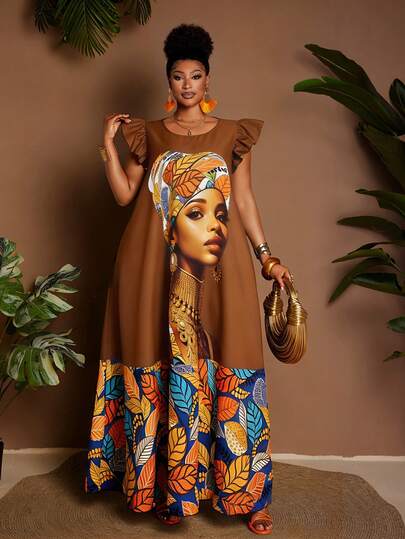 Maweii Robe longue à manches volantées avec imprimé graphique, col rond, pour femmes grandes tailles. Élément de mode polyvalent pour les fêtes, les rassemblements, les vacances, la plage, le printemps/été, les rendez-vous romantiques, la Saint-Valentin,