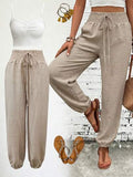Pantalon long pour femme, style commuter, couleur unie, aspect lin, taille froncée, poches, pantalon décontracté élégant, du travail au week-end, luxe discret