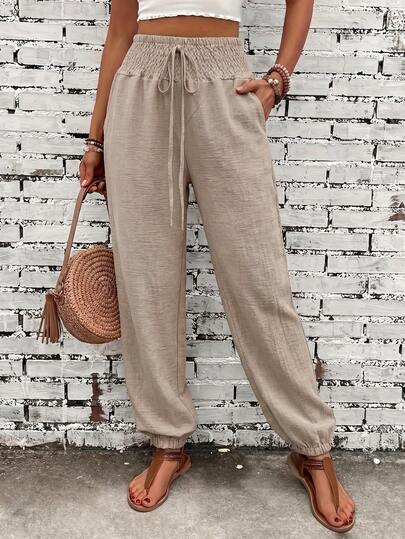 Pantalon long pour femme, style commuter, couleur unie, aspect lin, taille froncée, poches, pantalon décontracté élégant, du travail au week-end, luxe discret