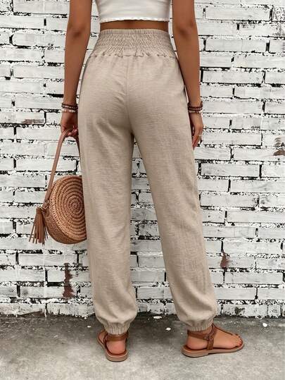 Pantalon long pour femme, style commuter, couleur unie, aspect lin, taille froncée, poches, pantalon décontracté élégant, du travail au week-end, luxe discret
