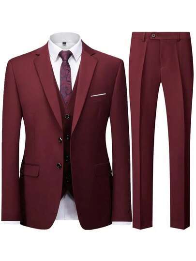 3 pièces Ensemble de costume formel pour hommes, comprenant une veste de costume à revers simple + un gilet assorti + un pantalon, convenant pour les mariages et les occasions professionnelles