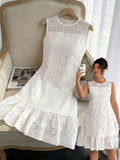 Cravure Robe à volants doubles ajourée brodée en tissu pour femmes grandes tailles, pour le printemps/été