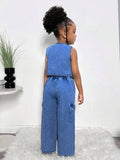 Ensemble de gilet en jean décontracté et pantalon cargo pour jeune fille