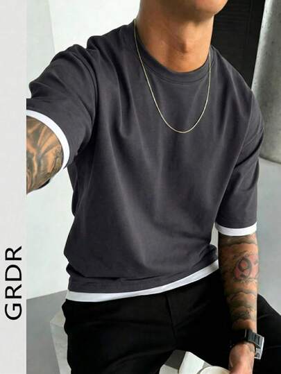 T-shirt à manches courtes col rond classique 2 en 1 pour hommes GRDR, minimaliste à la mode, polyvalent pour le trajet