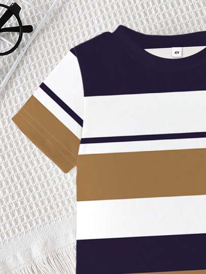 Souflis 2 pièces/Set Jeune garçon Top t-shirt à manches courtes avec rayures et imprimé logo, assorti à un pantalon de couleur unie. Convient pour le port en extérieur en été