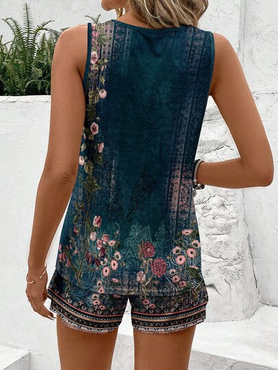LUNE Ensemble 2 pièces débardeur et short à motif floral rétro décontracté pour femme, adapté pour l'été