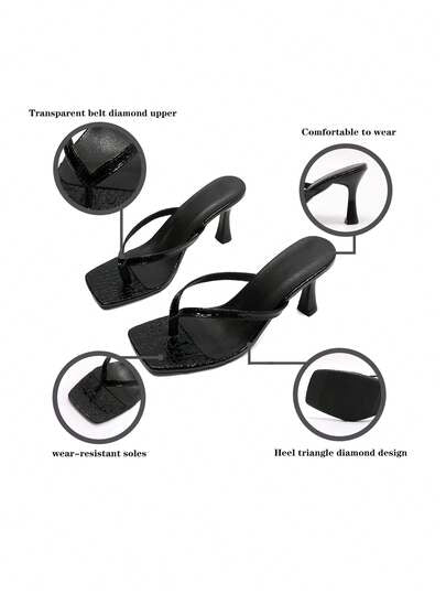 Tongs à talons hauts classiques pour femmes, sandales à talons hauts simples et élégantes avec blocs de couleurs, style fée d'été avec talons aiguilles et bride entre les orteils, sandales à orteils séparés, chaussures de mode pour vacances à la plage ave