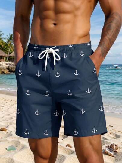 Short casual, de plage et pour les vacances quotidiennes pour hommes, avec élément océanique imprimé en 3D. Short avec cordon de serrage, simple couche sans doublure, style hawaïen