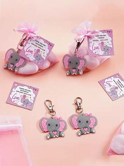 30/15 pièces Ensemble de cadeaux porte-clés éléphant pour baby shower, comprend porte-clés éléphant, sac en organza et carte de remerciement, convient pour baby shower, fête de révélation du , fête de future maman, fête de baptême, fête à thème éléphant,