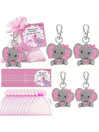 30/15 pièces Ensemble de cadeaux porte-clés éléphant pour baby shower, comprend porte-clés éléphant, sac en organza et carte de remerciement, convient pour baby shower, fête de révélation du , fête de future maman, fête de baptême, fête à thème éléphant,