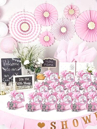 30/15 pièces Ensemble de cadeaux porte-clés éléphant pour baby shower, comprend porte-clés éléphant, sac en organza et carte de remerciement, convient pour baby shower, fête de révélation du , fête de future maman, fête de baptême, fête à thème éléphant,