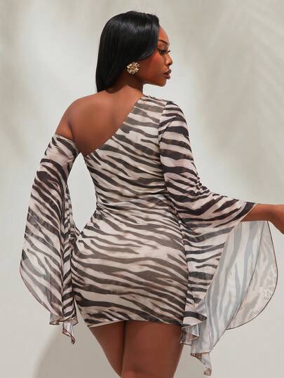 Radiana Robe mini pour femme à col asymétrique, manches cloche et imprimé zébré
