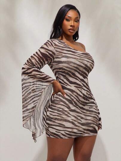 Radiana Robe mini pour femme à col asymétrique, manches cloche et imprimé zébré