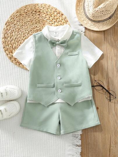 3 pièces Tenue de jeune garçon de type gentleman - Chemise blanche à manches courtes, gilet et short vert clair, convient pour le printemps/été, idéal pour un anniversaire, un baptême, un 1er anniversaire, une cérémonie, une représentation, un mariage en