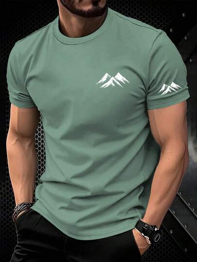 Manfinity Homme T-shirt à manches courtes col rond imprimé montagne vert pour hommes, été