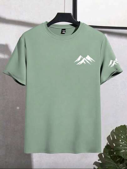 Manfinity Homme T-shirt à manches courtes col rond imprimé montagne vert pour hommes, été