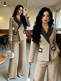 Elenzga Ensemble de 2 pièces pour femmes, nouvelle veste blazer élégante color-block Top de gamme et pantalon évasé. Convient pour le travail, les déplacements et le port quotidien au bureau. Tenue décontractée chic pour femme. Costume élégant pour femme.