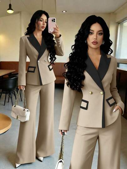 Elenzga Ensemble de 2 pièces pour femmes, nouvelle veste blazer élégante color-block Top de gamme et pantalon évasé. Convient pour le travail, les déplacements et le port quotidien au bureau. Tenue décontractée chic pour femme. Costume élégant pour femme.