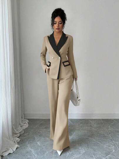 Elenzga Ensemble de 2 pièces pour femmes, nouvelle veste blazer élégante color-block Top de gamme et pantalon évasé. Convient pour le travail, les déplacements et le port quotidien au bureau. Tenue décontractée chic pour femme. Costume élégant pour femme.
