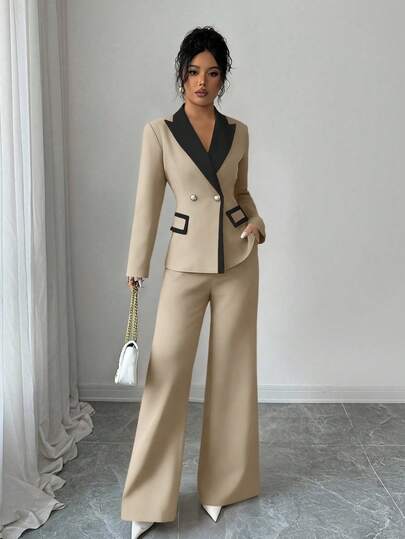 Elenzga Ensemble de 2 pièces pour femmes, nouvelle veste blazer élégante color-block Top de gamme et pantalon évasé. Convient pour le travail, les déplacements et le port quotidien au bureau. Tenue décontractée chic pour femme. Costume élégant pour femme.