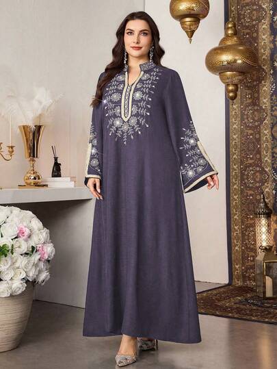 Al Najma Robe ample à col montant, patchwork et ceinture, style turc/arabe traditionnel, conservateur mais à la mode, avec broderie Top de gamme et manches longues pour femmes
