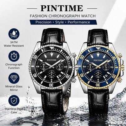 1 pièce Montre chronographe de sport pour hommes, montre chronographe de style plongée PINTIME avec triple cadran et affichage de la date, bracelet en PU noir, convient comme cadeau de vacances