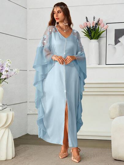 Al Najma Robe longue traditionnelle turque et arabe à manches volantées et brodée, à la mode pour femmes