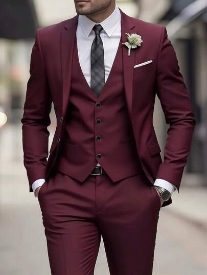 3 pièces Ensemble de costume formel pour hommes, comprenant une veste de costume à revers simple + un gilet assorti + un pantalon, convenant pour les mariages et les occasions professionnelles