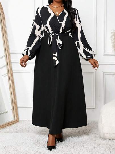 Robe élégrante à imprimé rayé abstrait avec nœud papillon, pour femmes de grande taille. Robe d'automne pour femmes, robe de soirée