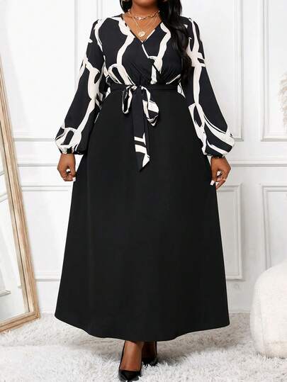 Robe élégrante à imprimé rayé abstrait avec nœud papillon, pour femmes de grande taille. Robe d'automne pour femmes, robe de soirée